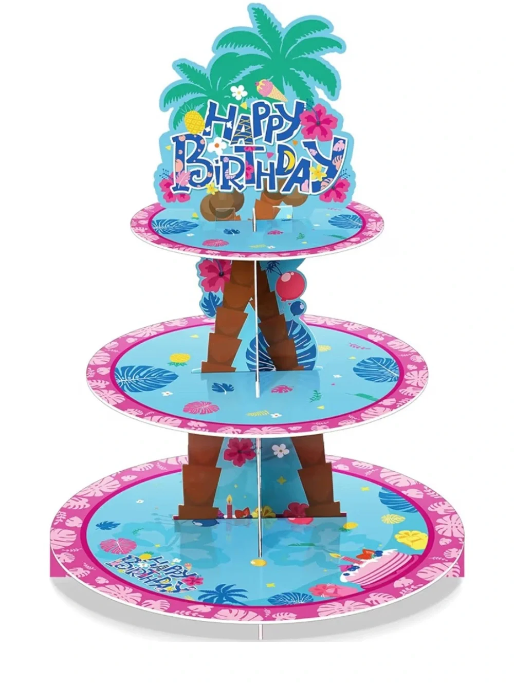 Tropical Blue & Pink Happy Birthday 3-Tier Cake Stand